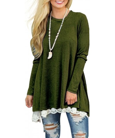 Women's Tops Long Sleeve Lace Scoop Neck A-line Tunic Blouse Armygreen $11.00 Tops