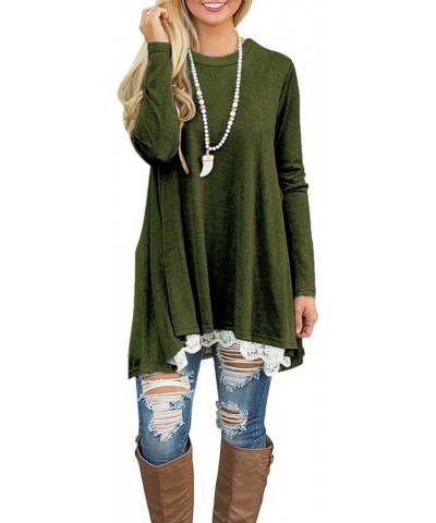 Women's Tops Long Sleeve Lace Scoop Neck A-line Tunic Blouse Armygreen $11.00 Tops