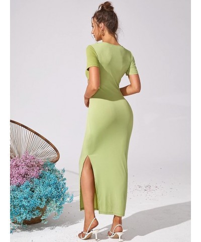 Women's Sexy Cut Out Keyhole Front Dress Split Side Hem Colorblock Short Sleeve Bodycon Casual Maxi Dresses Green $23.30 Dresses