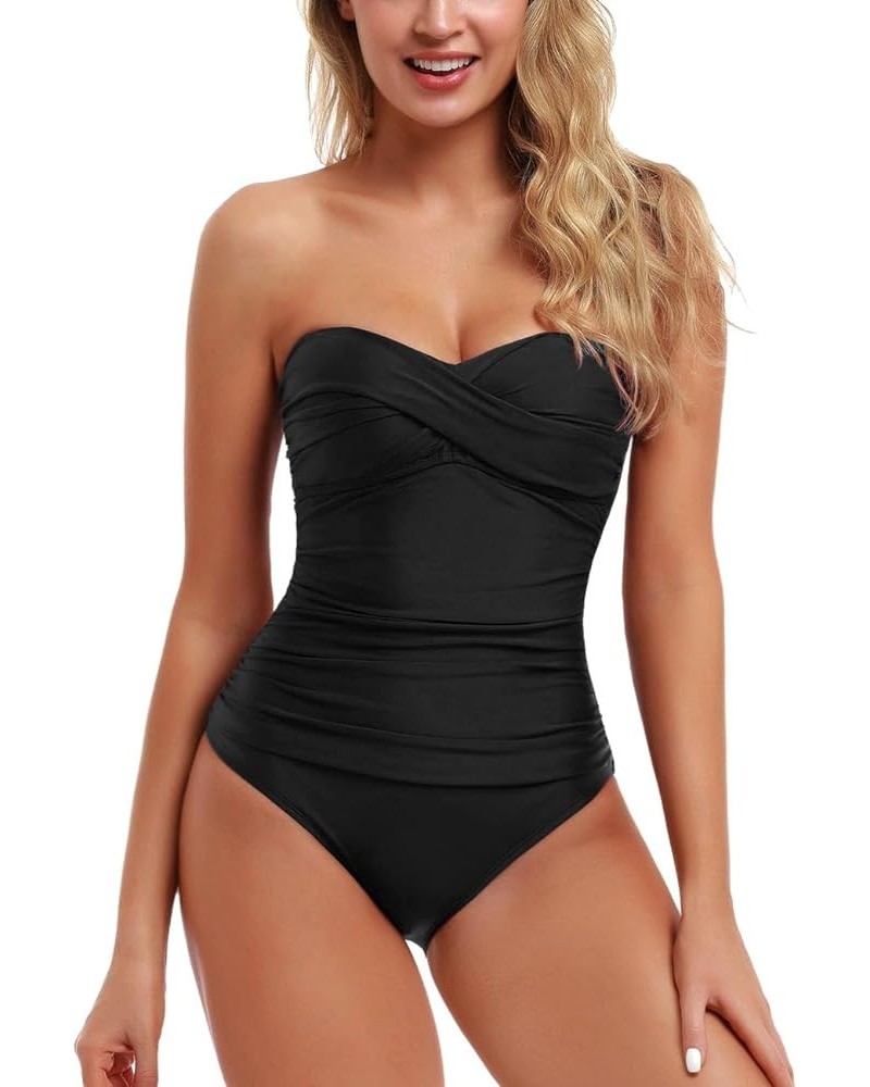 Women's Bandeau One Piece Swimsuits Front Twist Swimwear Strapless Ruched Bathing Suits Tummy Control Black $8.84 Swimsuits