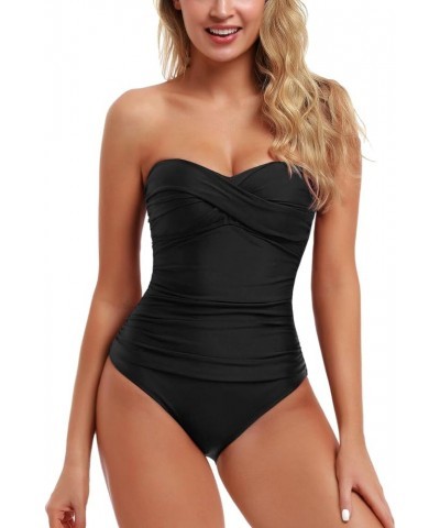 Women's Bandeau One Piece Swimsuits Front Twist Swimwear Strapless Ruched Bathing Suits Tummy Control Black $8.84 Swimsuits