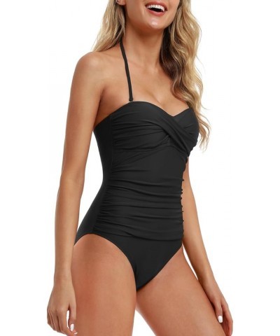 Women's Bandeau One Piece Swimsuits Front Twist Swimwear Strapless Ruched Bathing Suits Tummy Control Black $8.84 Swimsuits