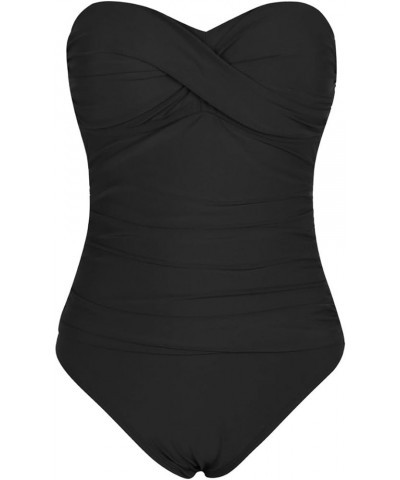 Women's Bandeau One Piece Swimsuits Front Twist Swimwear Strapless Ruched Bathing Suits Tummy Control Black $8.84 Swimsuits