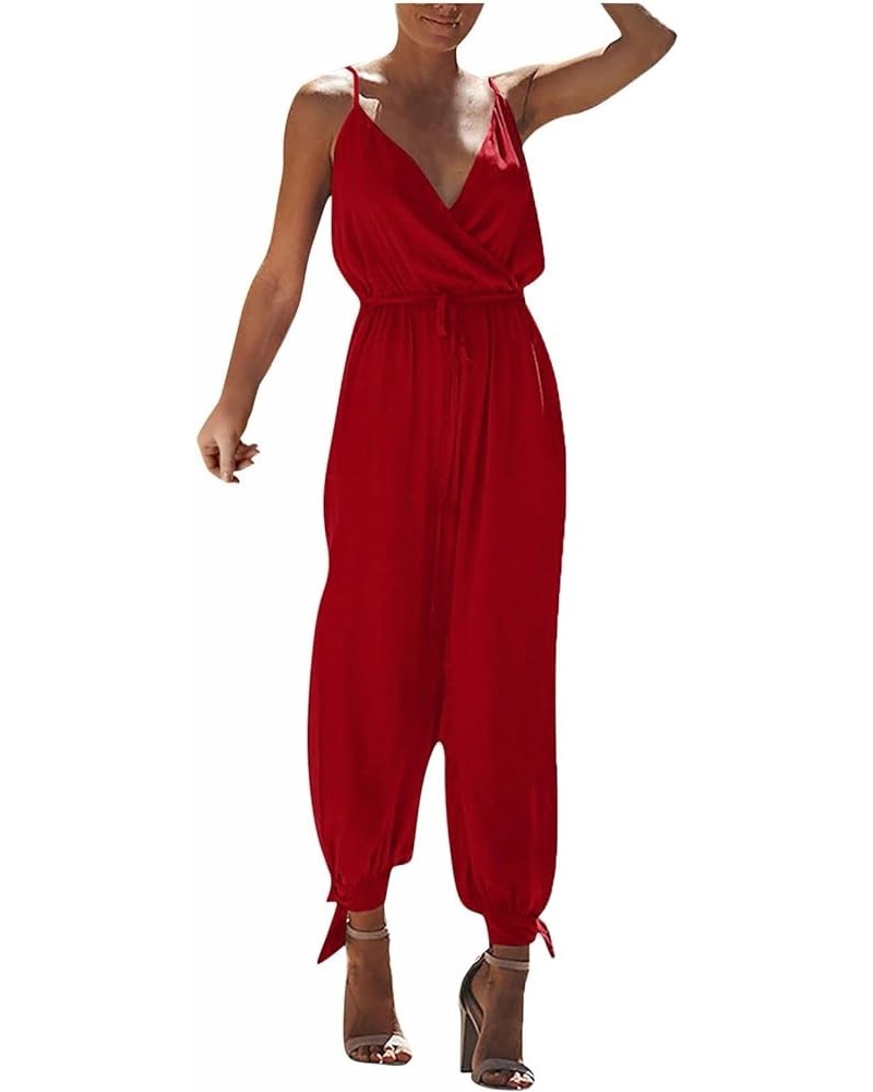 Womens Casual Printed Wide Leg Bodysuit Sleeveless Strap Loose Jumpsuits Stretchy Long Pant Romper with Pockets Red-6 $15.79 ...