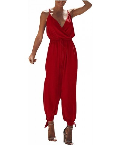 Womens Casual Printed Wide Leg Bodysuit Sleeveless Strap Loose Jumpsuits Stretchy Long Pant Romper with Pockets Red-6 $15.79 ...