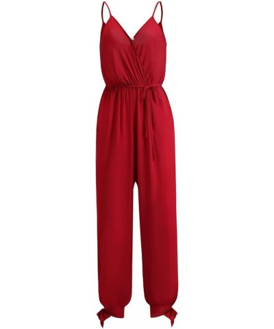 Womens Casual Printed Wide Leg Bodysuit Sleeveless Strap Loose Jumpsuits Stretchy Long Pant Romper with Pockets Red-6 $15.79 ...