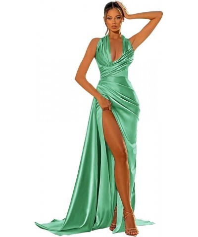 Halter V-Neck Prom Dresses Satin Long Ruched with Slit Mermaid Formal Evening Gown Emerald Green $22.55 Dresses