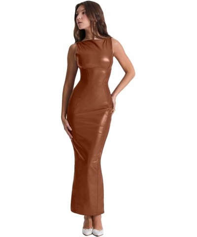 Women's Faux PU Leather Bodycon Maxi Dress Sexy Boatneck Tank Long Dresses Brown $19.11 Dresses