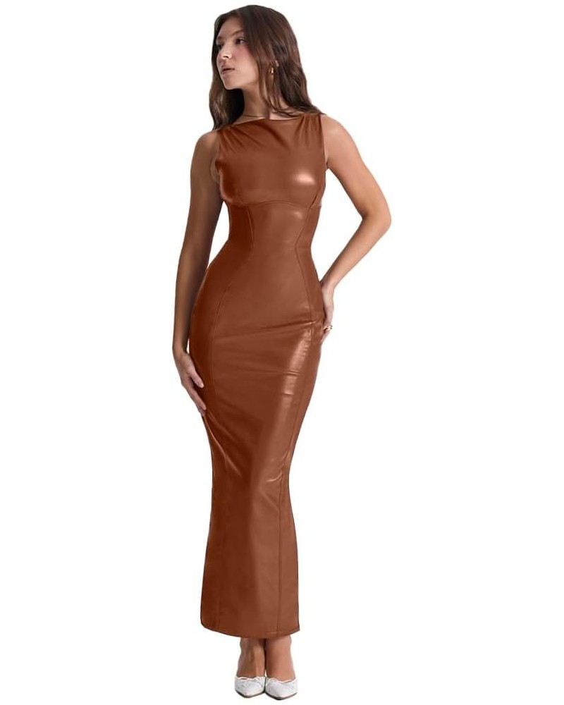 Women's Faux PU Leather Bodycon Maxi Dress Sexy Boatneck Tank Long Dresses Brown $19.11 Dresses