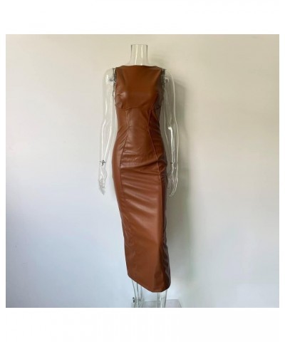 Women's Faux PU Leather Bodycon Maxi Dress Sexy Boatneck Tank Long Dresses Brown $19.11 Dresses