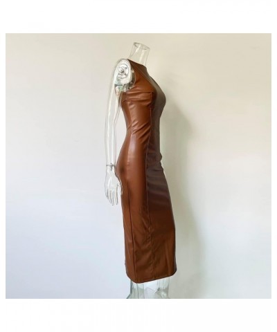 Women's Faux PU Leather Bodycon Maxi Dress Sexy Boatneck Tank Long Dresses Brown $19.11 Dresses