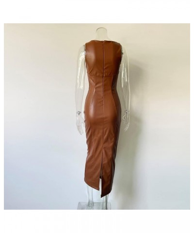 Women's Faux PU Leather Bodycon Maxi Dress Sexy Boatneck Tank Long Dresses Brown $19.11 Dresses