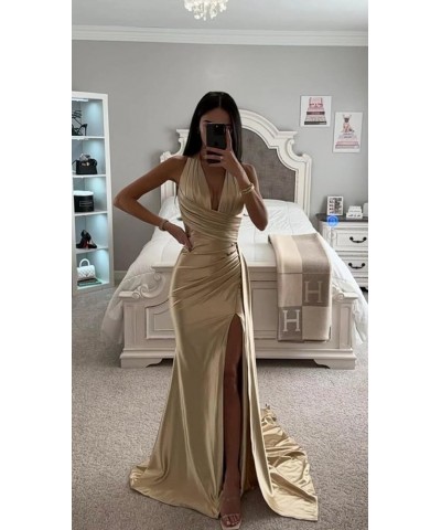 Halter V-Neck Prom Dresses Satin Long Ruched with Slit Mermaid Formal Evening Gown Emerald Green $22.55 Dresses