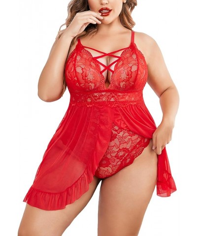 Plus Size Lingerie for Women Sexy Snap Crotch Babydoll Lace Chemise Curvy Strappy Ruffle L~4XL Red $15.92 Lingerie