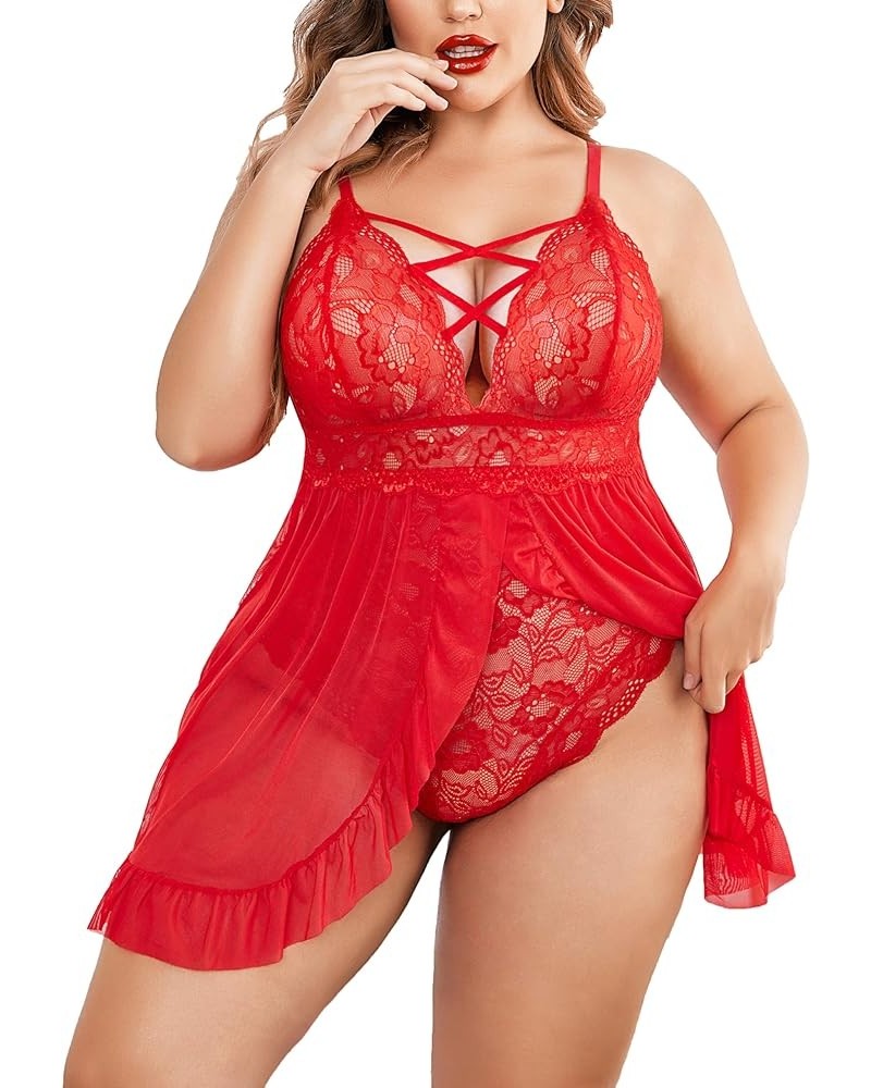 Plus Size Lingerie for Women Sexy Snap Crotch Babydoll Lace Chemise Curvy Strappy Ruffle L~4XL Red $15.92 Lingerie