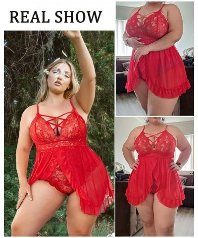 Plus Size Lingerie for Women Sexy Snap Crotch Babydoll Lace Chemise Curvy Strappy Ruffle L~4XL Red $15.92 Lingerie