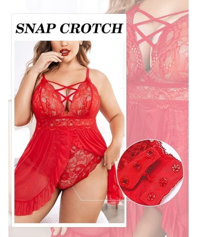 Plus Size Lingerie for Women Sexy Snap Crotch Babydoll Lace Chemise Curvy Strappy Ruffle L~4XL Red $15.92 Lingerie