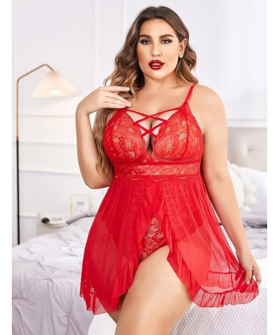 Plus Size Lingerie for Women Sexy Snap Crotch Babydoll Lace Chemise Curvy Strappy Ruffle L~4XL Red $15.92 Lingerie