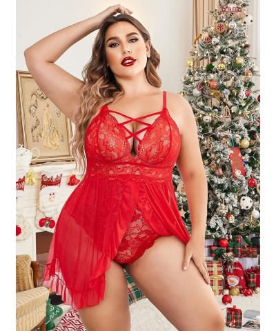 Plus Size Lingerie for Women Sexy Snap Crotch Babydoll Lace Chemise Curvy Strappy Ruffle L~4XL Red $15.92 Lingerie