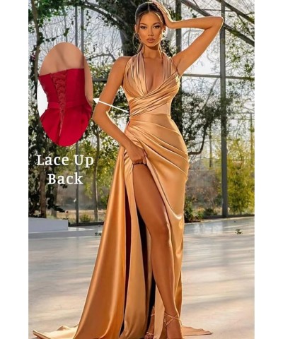 Halter V-Neck Prom Dresses Satin Long Ruched with Slit Mermaid Formal Evening Gown Emerald Green $22.55 Dresses