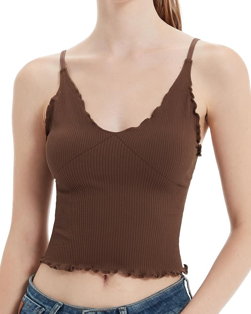 Ruffle Cami V Neck Tank Top for Women Ribbed Knit Sleeveless Adjustable Spaghetti Strap Tops Brown $11.33 Tops