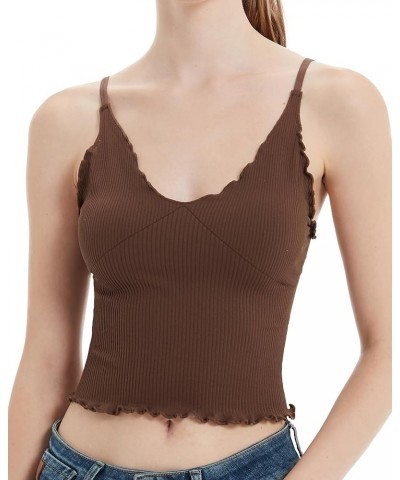 Ruffle Cami V Neck Tank Top for Women Ribbed Knit Sleeveless Adjustable Spaghetti Strap Tops Brown $11.33 Tops