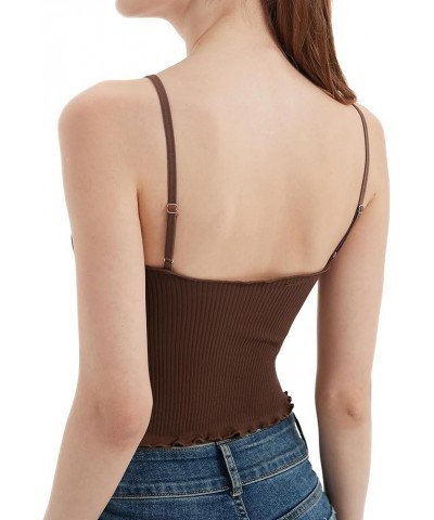 Ruffle Cami V Neck Tank Top for Women Ribbed Knit Sleeveless Adjustable Spaghetti Strap Tops Brown $11.33 Tops