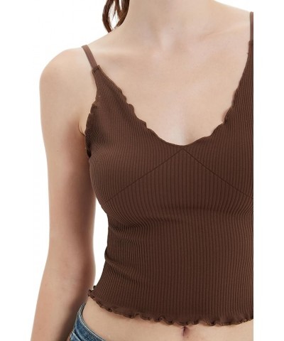 Ruffle Cami V Neck Tank Top for Women Ribbed Knit Sleeveless Adjustable Spaghetti Strap Tops Brown $11.33 Tops