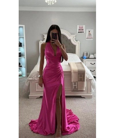 Halter V-Neck Prom Dresses Satin Long Ruched with Slit Mermaid Formal Evening Gown Emerald Green $22.55 Dresses