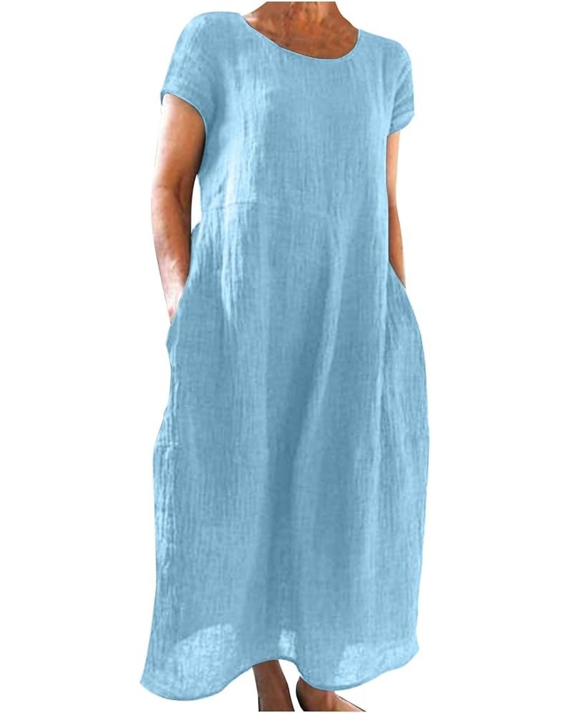 Women's Dresses 2024 Casual Solid Color Short-Sleeve O-Neck Stitching Loose Pocket Cotton Linen Dress Dresses Blue $10.78 Dre...