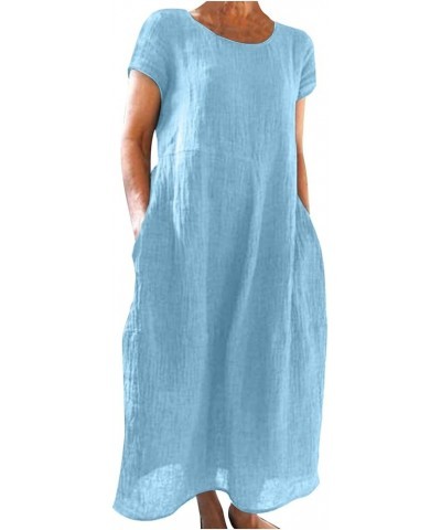 Women's Dresses 2024 Casual Solid Color Short-Sleeve O-Neck Stitching Loose Pocket Cotton Linen Dress Dresses Blue $10.78 Dre...