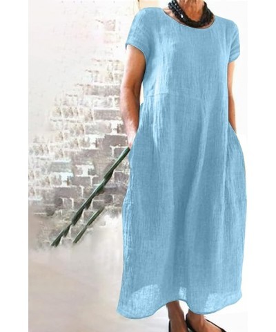 Women's Dresses 2024 Casual Solid Color Short-Sleeve O-Neck Stitching Loose Pocket Cotton Linen Dress Dresses Blue $10.78 Dre...