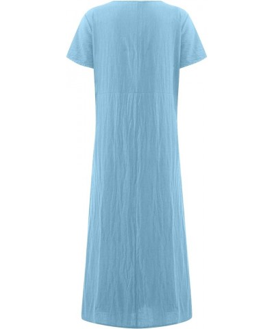 Women's Dresses 2024 Casual Solid Color Short-Sleeve O-Neck Stitching Loose Pocket Cotton Linen Dress Dresses Blue $10.78 Dre...