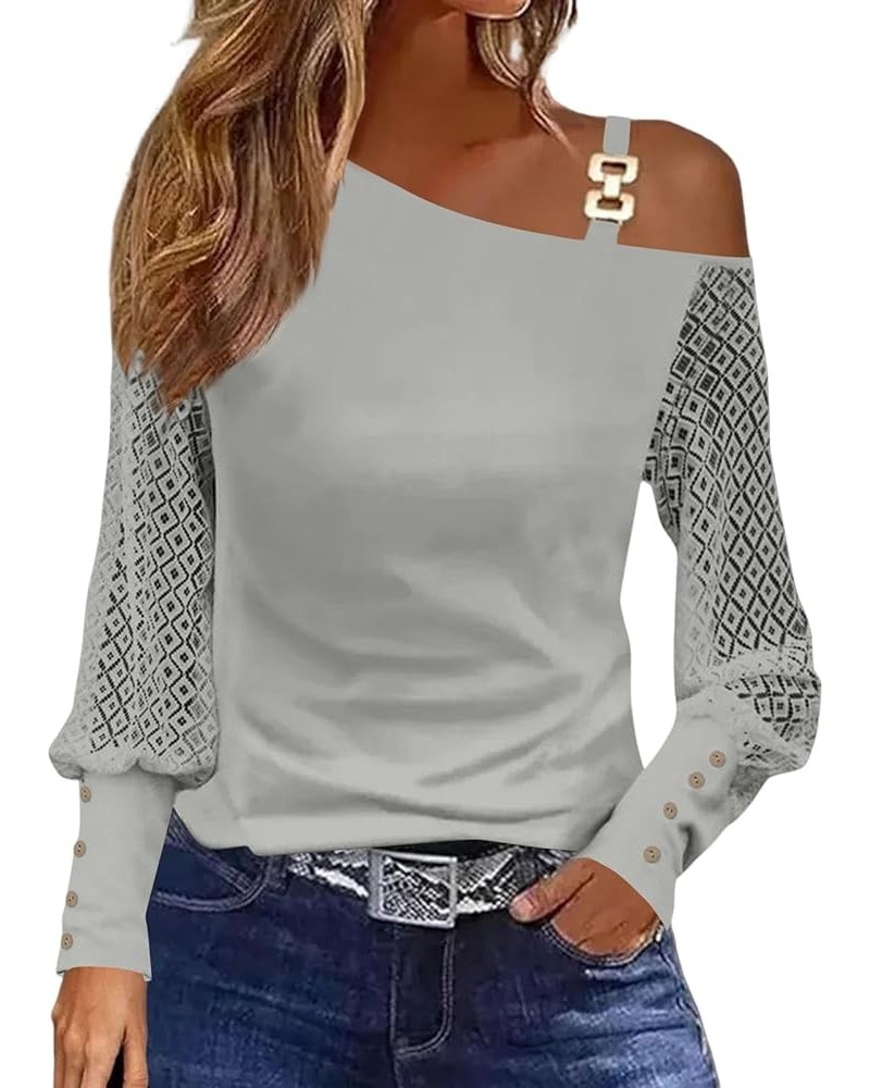 Womens Off The Shoulder Long Sleeve Strap Lace Tops Fall Sexy One Shoulder Casual Loose Blouse Shirt Grey2 $14.57 Blouses