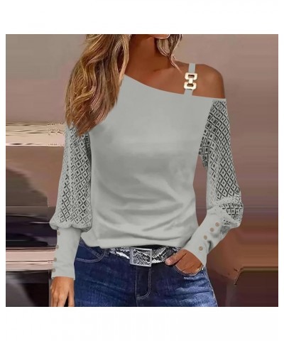 Womens Off The Shoulder Long Sleeve Strap Lace Tops Fall Sexy One Shoulder Casual Loose Blouse Shirt Grey2 $14.57 Blouses