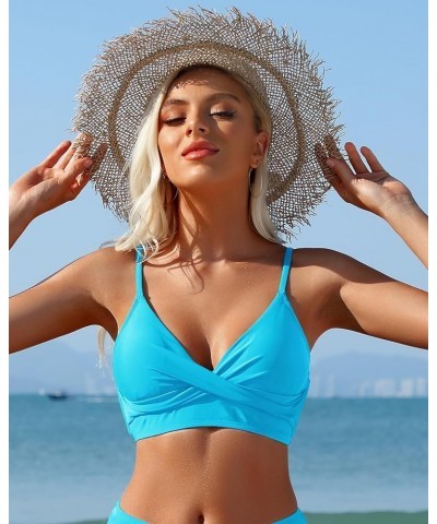 Women's Twist Front Bikini Top V Neck Padded Swimsuit Top Adjustable Spaghetti Straps Bathing Suit Tops Light Blue $15.65 Swi...