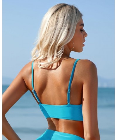 Women's Twist Front Bikini Top V Neck Padded Swimsuit Top Adjustable Spaghetti Straps Bathing Suit Tops Light Blue $15.65 Swi...