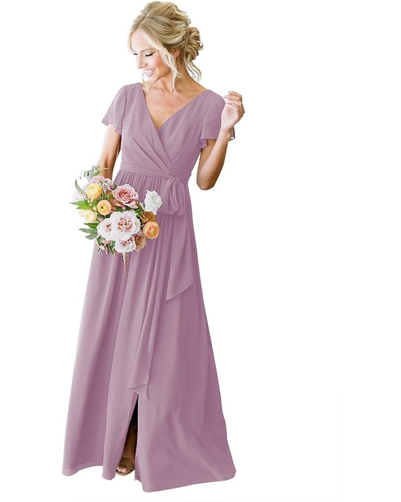 Short Sleeve Bridesmaid Dresses with Slit V Neck Chiffon Formal Evening Dress Long Ball Gown Wisteria $32.99 Dresses