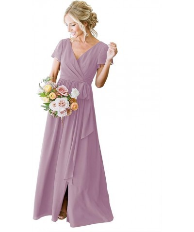 Short Sleeve Bridesmaid Dresses with Slit V Neck Chiffon Formal Evening Dress Long Ball Gown Wisteria $32.99 Dresses