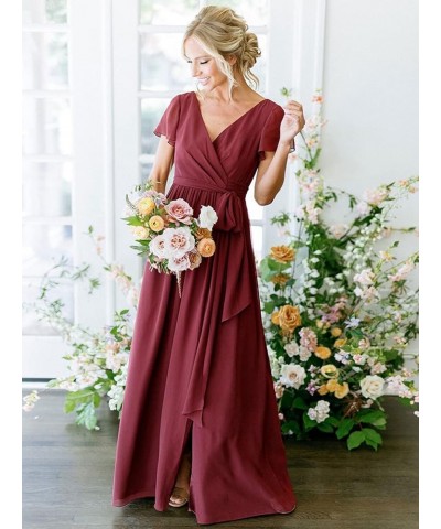 Short Sleeve Bridesmaid Dresses with Slit V Neck Chiffon Formal Evening Dress Long Ball Gown Wisteria $32.99 Dresses