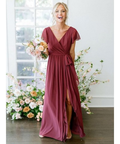 Short Sleeve Bridesmaid Dresses with Slit V Neck Chiffon Formal Evening Dress Long Ball Gown Wisteria $32.99 Dresses