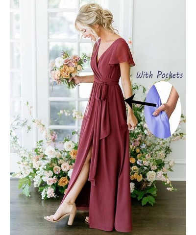 Short Sleeve Bridesmaid Dresses with Slit V Neck Chiffon Formal Evening Dress Long Ball Gown Wisteria $32.99 Dresses