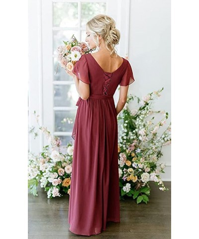 Short Sleeve Bridesmaid Dresses with Slit V Neck Chiffon Formal Evening Dress Long Ball Gown Wisteria $32.99 Dresses