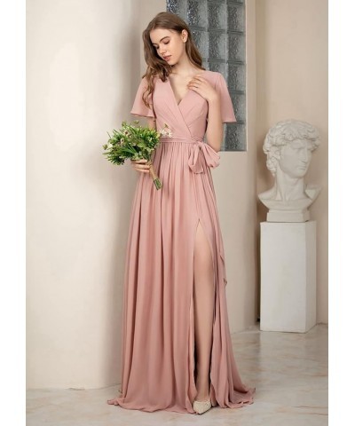 Short Sleeve Bridesmaid Dresses with Slit V Neck Chiffon Formal Evening Dress Long Ball Gown Wisteria $32.99 Dresses