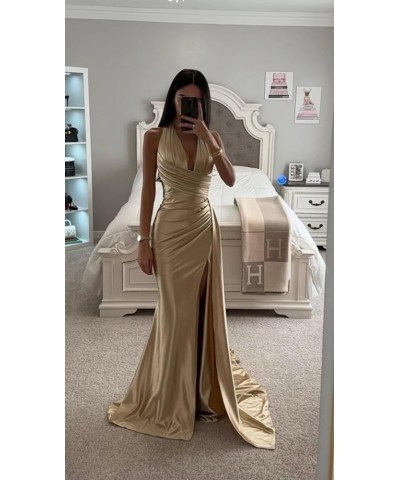 Halter V-Neck Prom Dresses Satin Long Ruched with Slit Mermaid Formal Evening Gown Emerald Green $22.55 Dresses