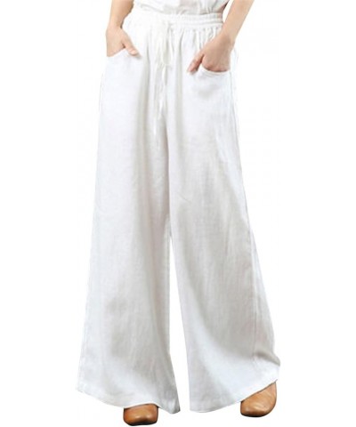 Linen Pants Women Summer Cotton Linen Wide Leg Drawstring Elastic Waist Capris Women's Wide Leg Long Lounge Crop Pant White $...