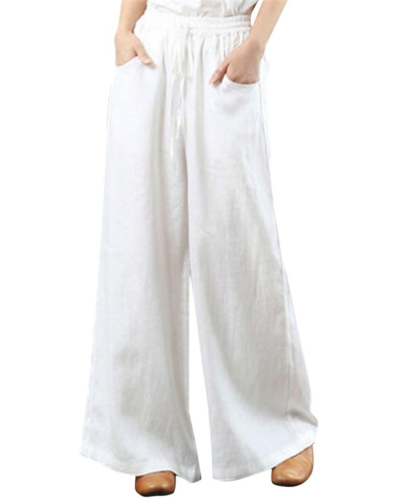 Linen Pants Women Summer Cotton Linen Wide Leg Drawstring Elastic Waist Capris Women's Wide Leg Long Lounge Crop Pant White $...