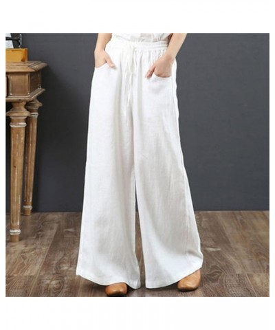 Linen Pants Women Summer Cotton Linen Wide Leg Drawstring Elastic Waist Capris Women's Wide Leg Long Lounge Crop Pant White $...