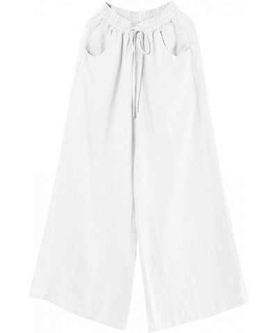 Linen Pants Women Summer Cotton Linen Wide Leg Drawstring Elastic Waist Capris Women's Wide Leg Long Lounge Crop Pant White $...