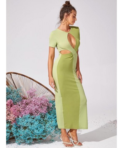 Women's Sexy Cut Out Keyhole Front Dress Split Side Hem Colorblock Short Sleeve Bodycon Casual Maxi Dresses Green $23.30 Dresses